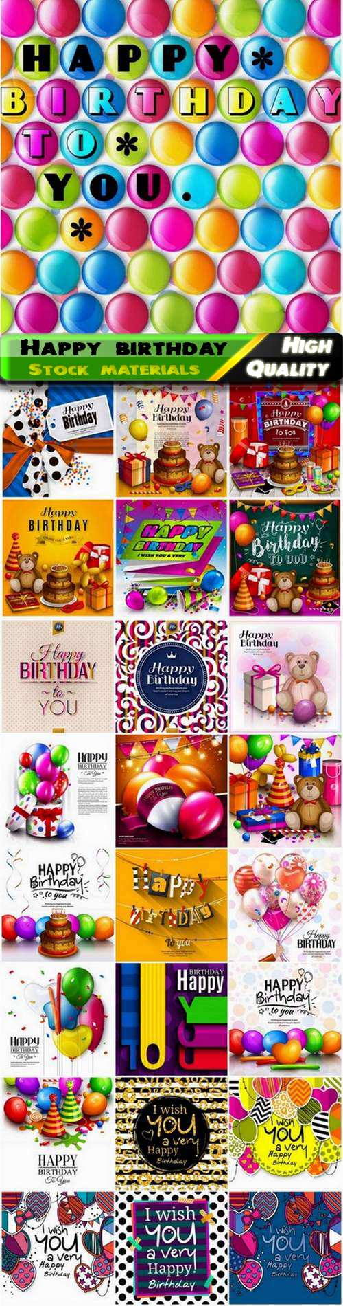 Greeting happy birthday card with balloon confetti cake gift 25 Eps