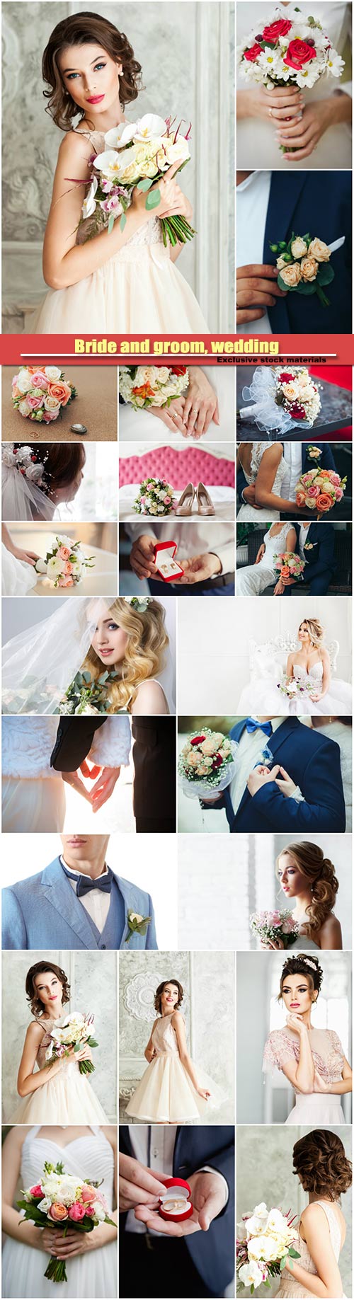 Wedding bouquet in the hands of the bride, bridegroom holds wedding bouquet