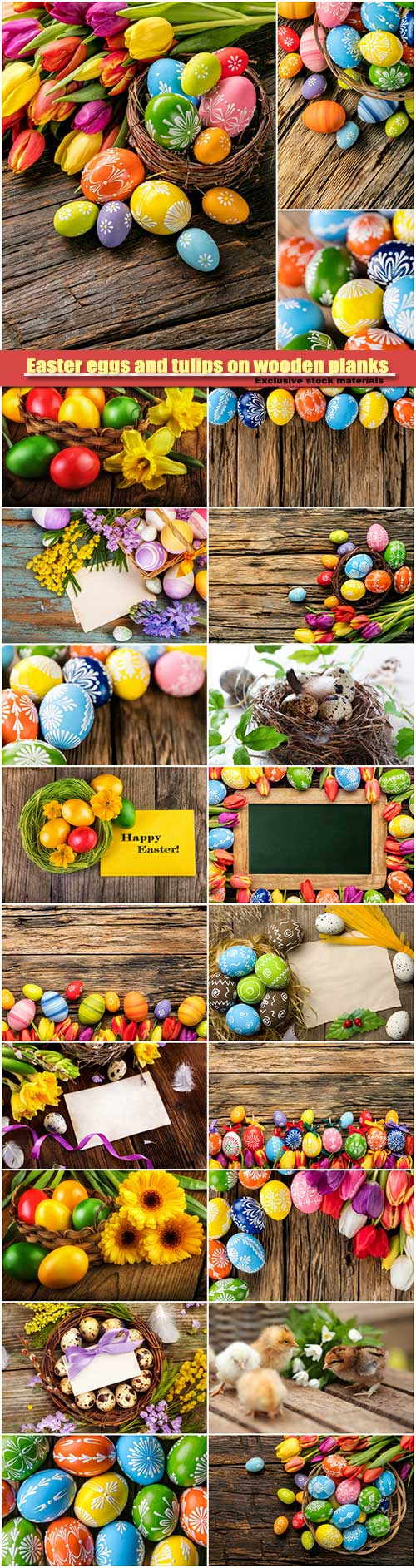 Easter eggs and tulips on wooden background #4
