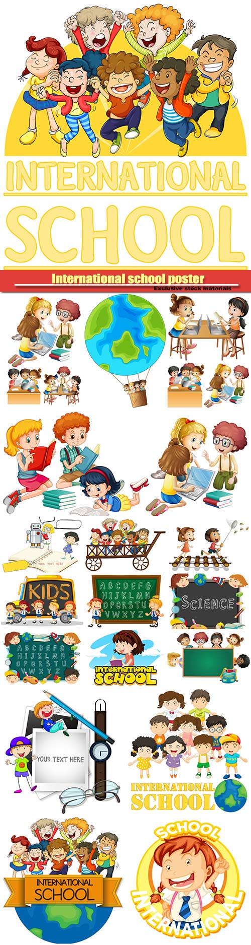 Frame template with boy and girl, international school poster with many children