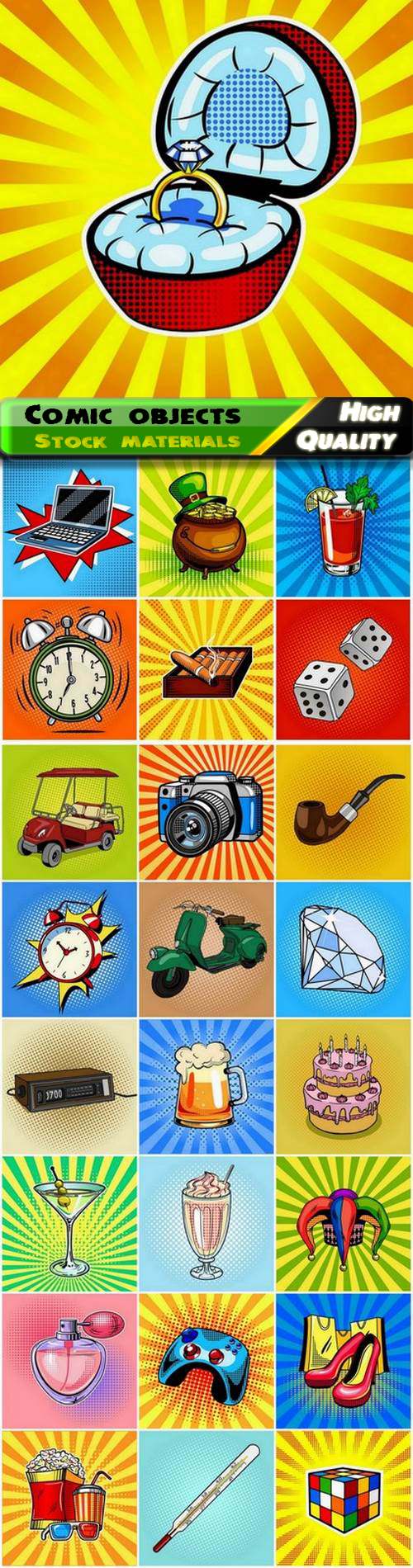 Set of different objects and elements in cartoon comic style 25 Eps