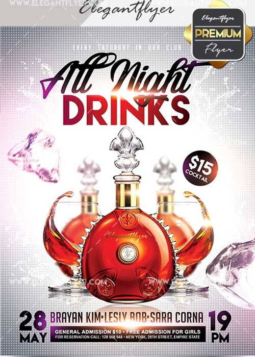 Drinks All Night V28 Flyer PSD Template + Facebook Cover