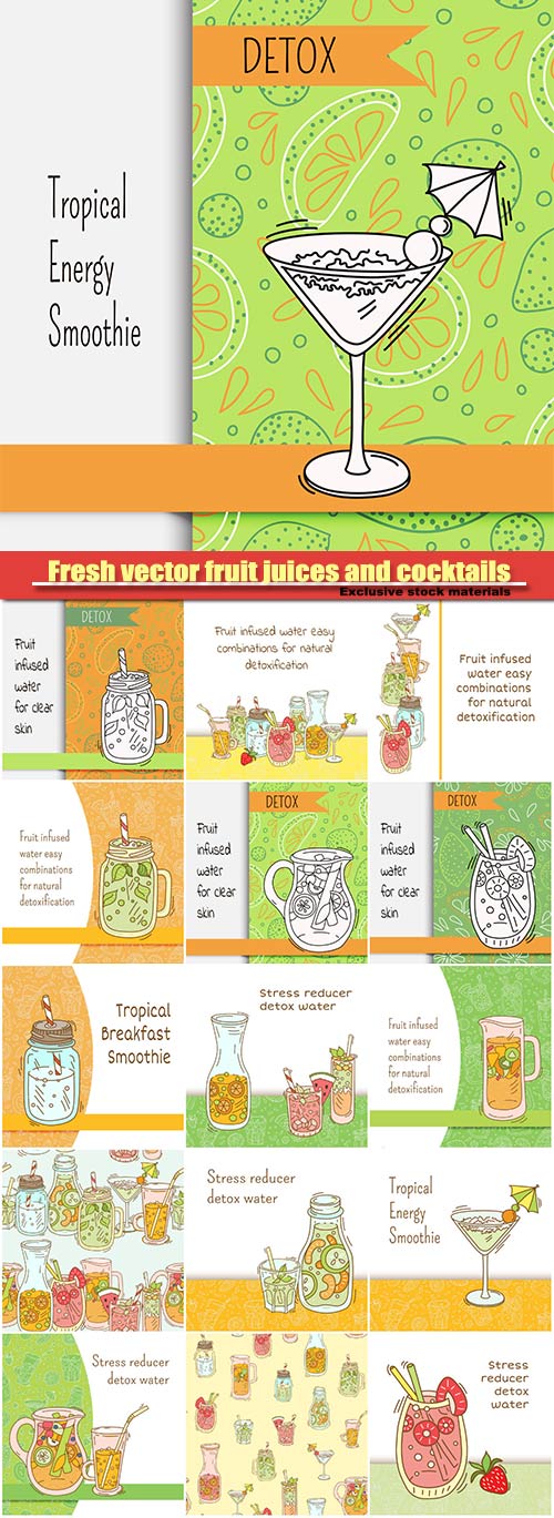 Fresh vector fruit juices and cocktails, detox water for clean, tropical breakfast smoothie, strawberry, green tea lemonade