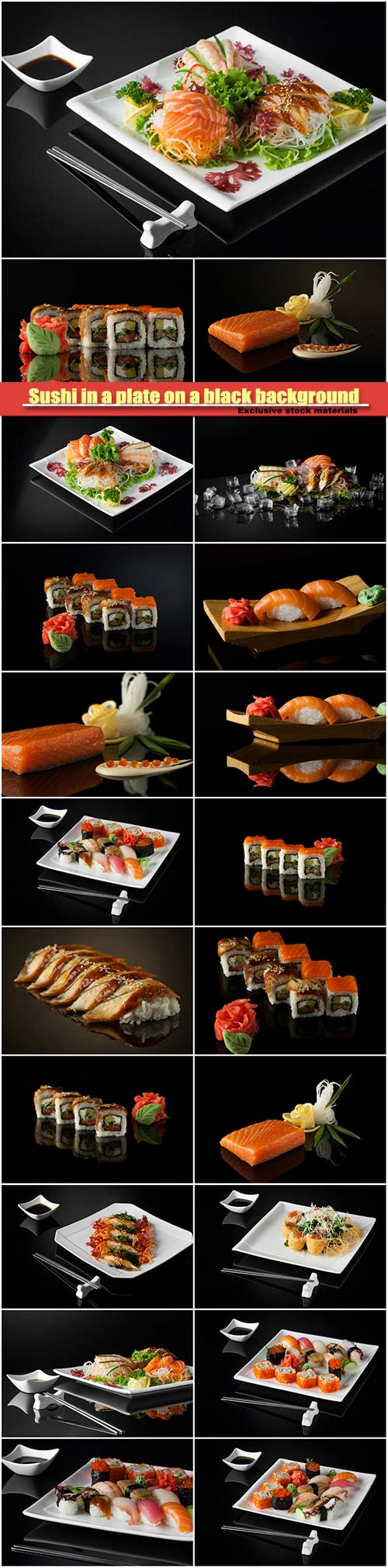 Sushi in a plate on a black background