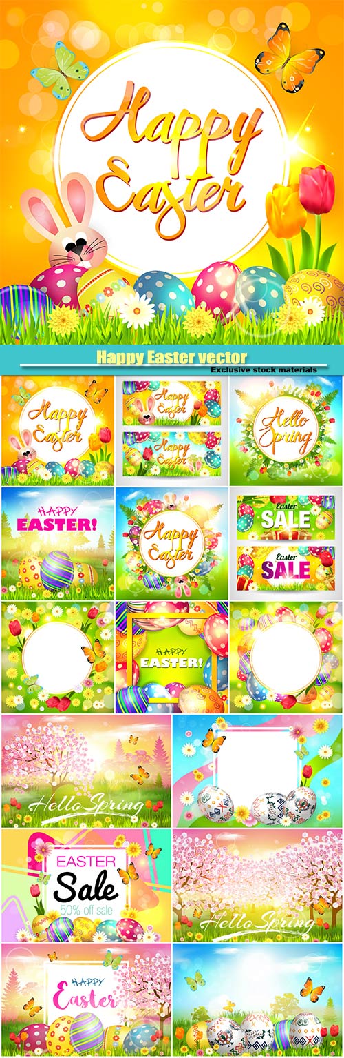 Happy Easter, vector background with flowers and Easter bunny