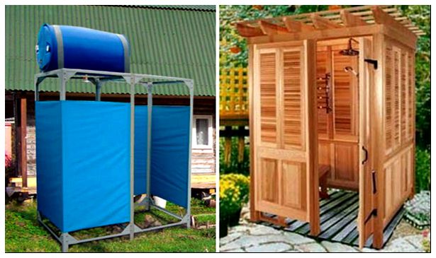 Фабричный мини - душ для дачи и капитальная кабинка из дерева.
