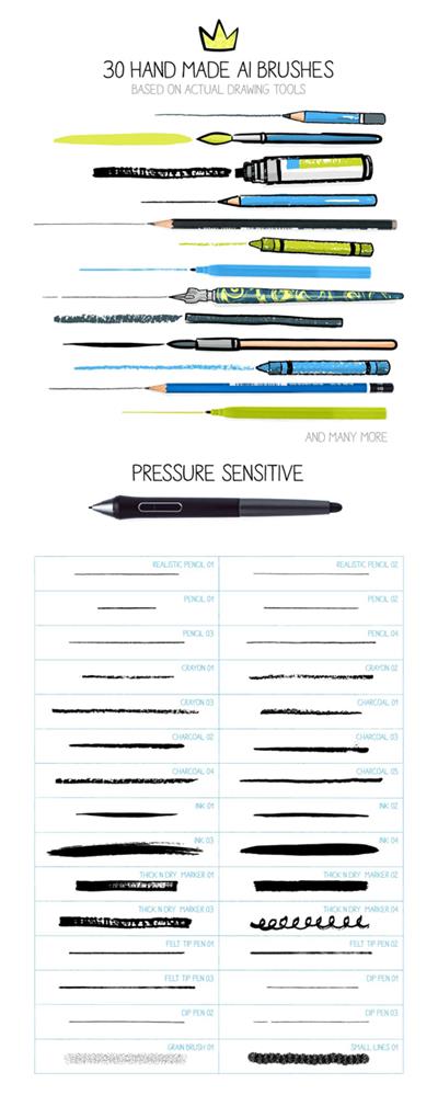 30 Hand Made & Pressure Sensitive Brushes For Illustrator