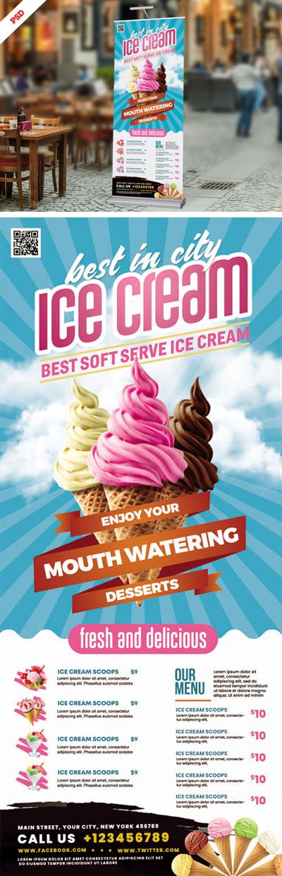 Ice Cream Shop Roll up Banner PSD Template