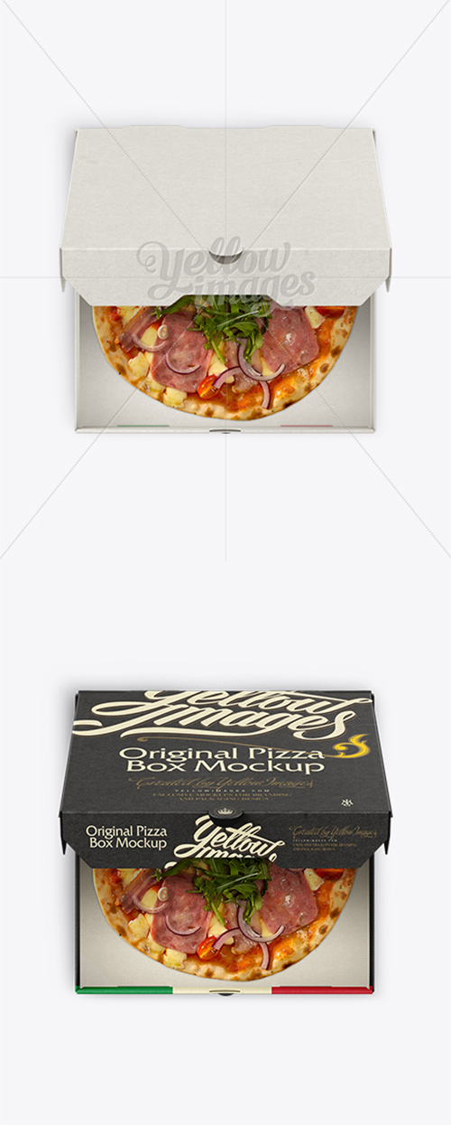 Pizza in Half-open Cardboard Box Mockup (High-Angle Shot) 11827