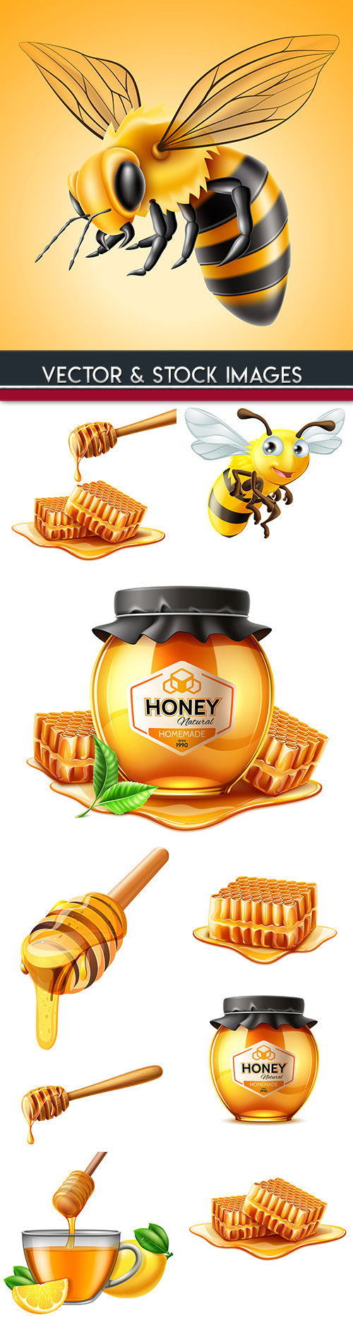 Bee and natural honey useful dessert 3d illustration
