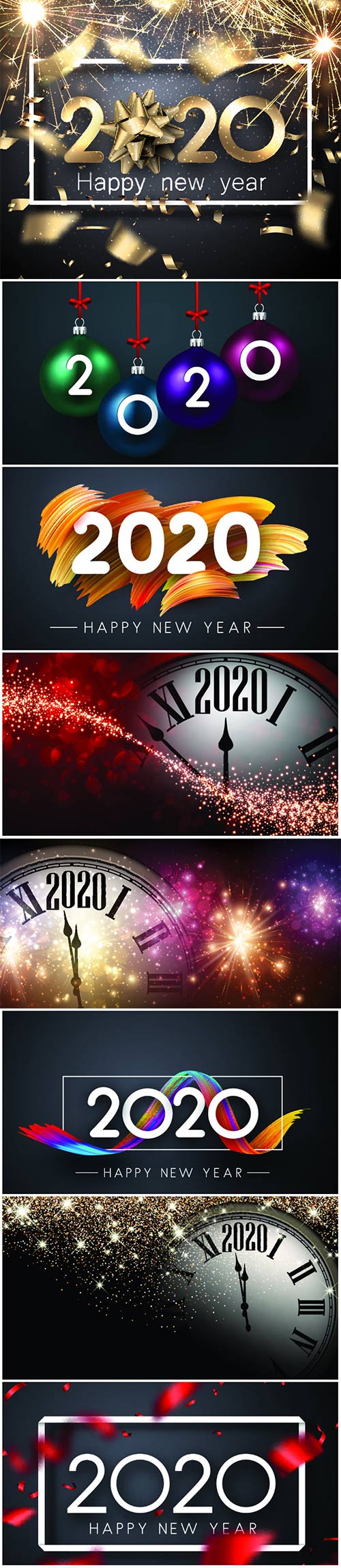 Happy New Year 2020 card with sparklers, bow and blurred golden confetti